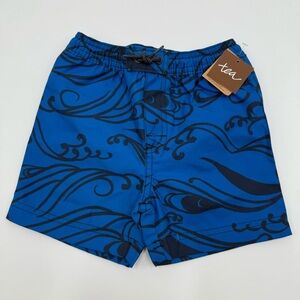 Tea Collection Boys Shortie Swim Trunks Ocean Blue Navy Waves Size 2 NWT